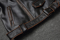 Men's Vintage Leather Motorcycle Jacket - Short Collar