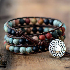 Frosted Stone Beaded Hand-woven Leather Bracelet 6mm