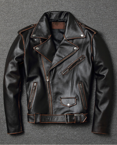 Men's Vintage Leather Motorcycle Jacket - Short Collar