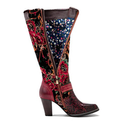 Retro Women's Knee-High Zipper Boots with Flowers