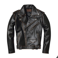 Men's Vintage Leather Motorcycle Jacket - Short Collar