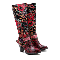Retro Women's Knee-High Zipper Boots with Flowers