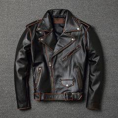 Men's Vintage Leather Motorcycle Jacket - Short Collar