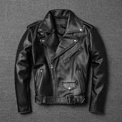 Men's Vintage Leather Motorcycle Jacket - Short Collar